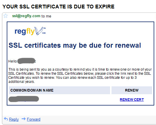 Regfly.com SSL Cert Renewal Reminder Email